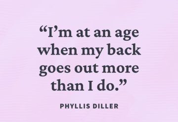 Humorous quote about aging and back pain on a pink background