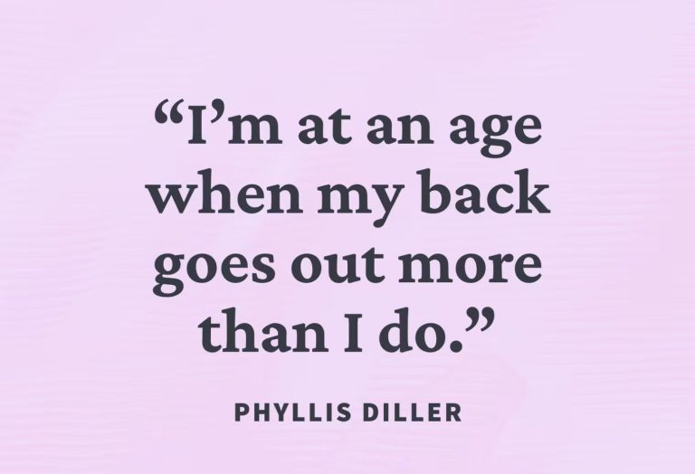 Humorous quote about aging and back pain on a pink background