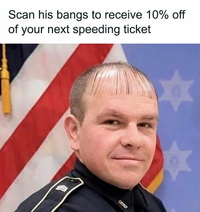 Police officer with barcode-like bangs offering a speeding ticket discount