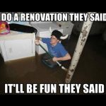 Person in flooded basement during renovation fail, paddling with a broom.