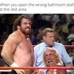 Wrestlers looking shocked after opening wrong bathroom stall