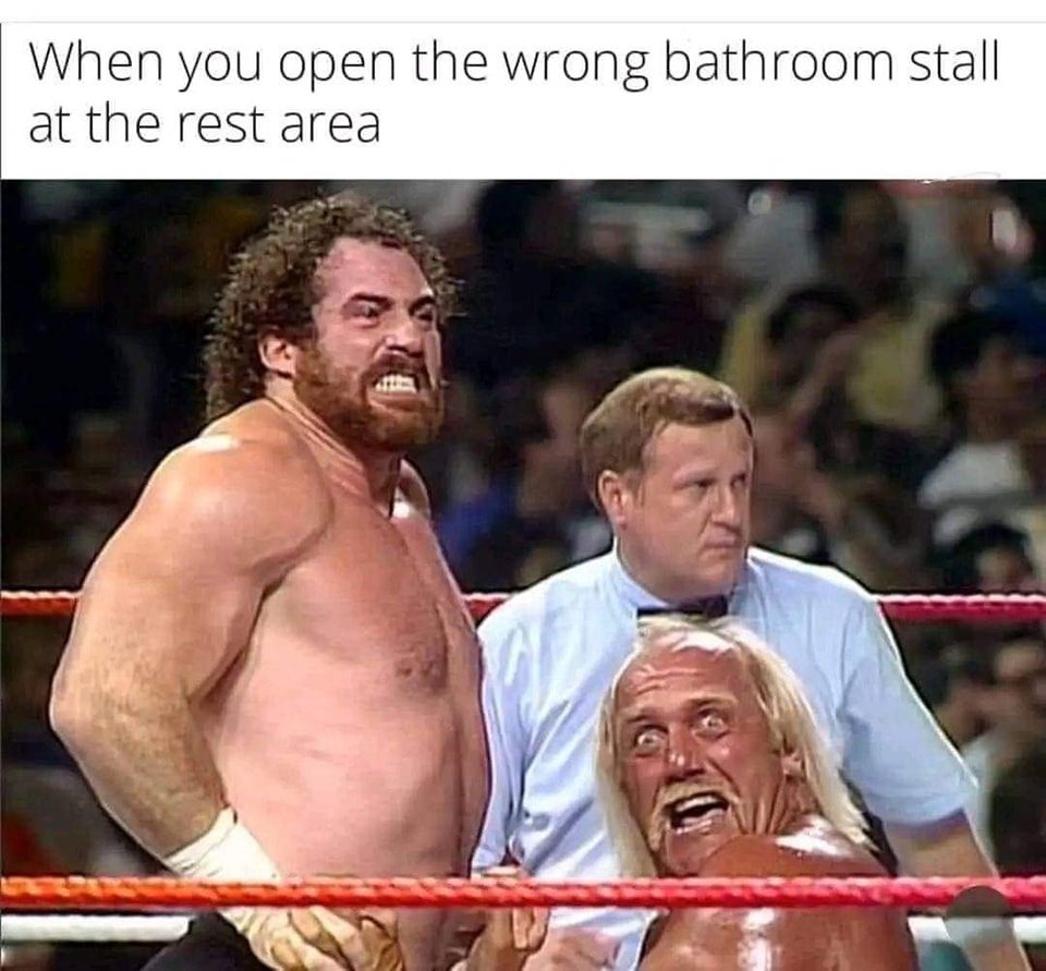 Wrestlers looking shocked after opening wrong bathroom stall