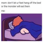 Cartoon person hiding under covers to avoid bed monster threat