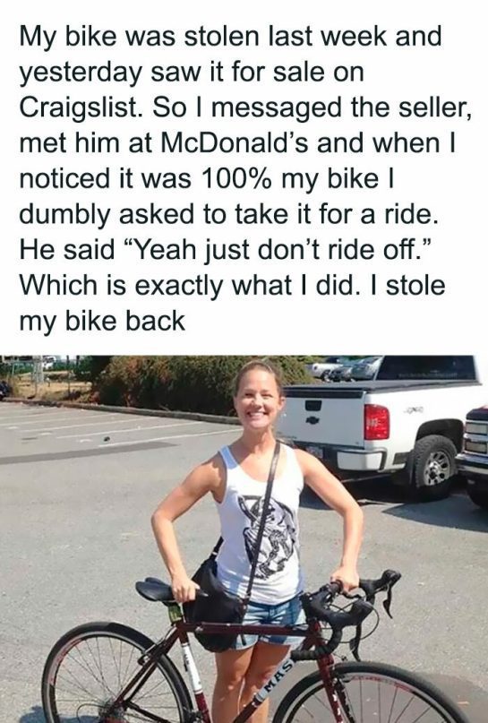 Person standing with reclaimed bike after stealing it back from a thief.