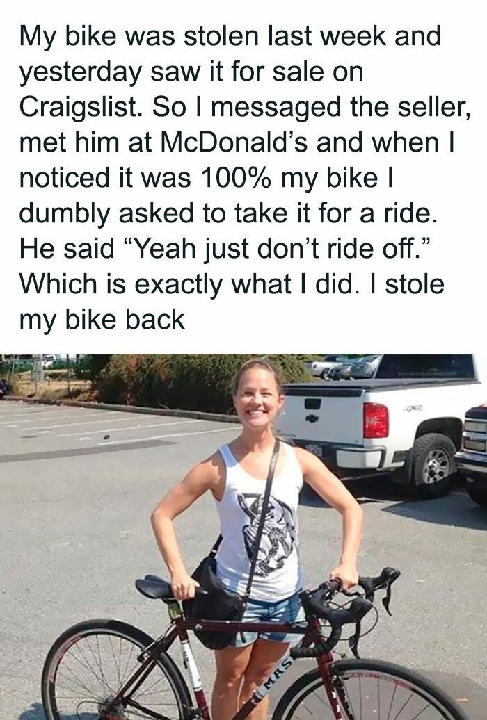 Person standing with reclaimed bike after stealing it back from a thief.