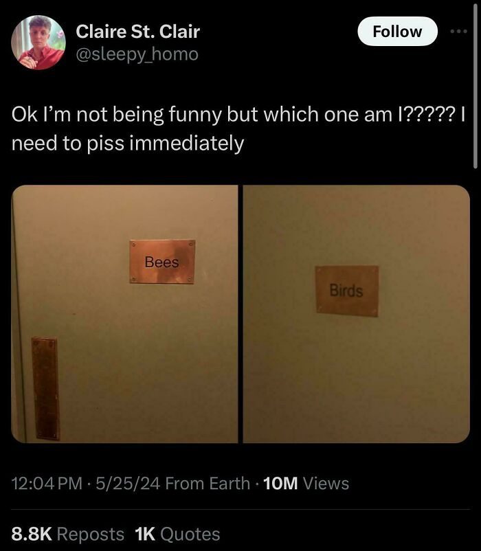 Photo of bathroom doors labeled Bees and Birds causing confusion.