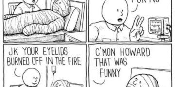 Doctor tells bandaged patient to blink for dark humor joke.