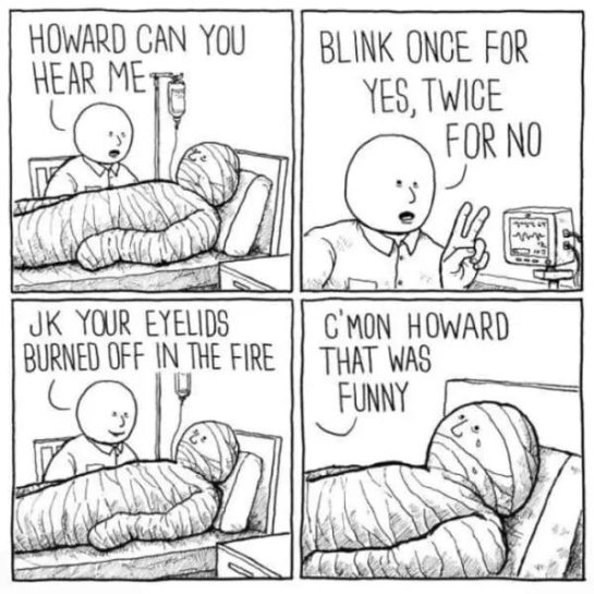 Doctor tells bandaged patient to blink for dark humor joke.