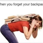 Woman carrying a stack of books on her back, overwhelmed expression.