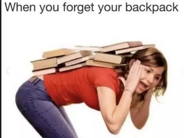 Woman carrying a stack of books on her back, overwhelmed expression.