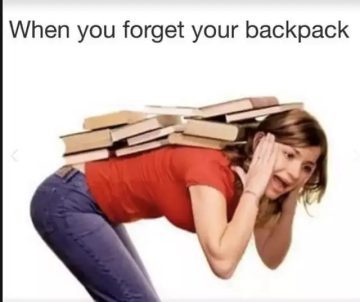 Woman carrying a stack of books on her back, overwhelmed expression.