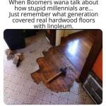 Meme comparing Boomer and Millennial flooring decisions with humor.