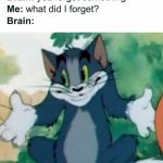 Tom the cat with a shrugging expression representing memory lapse.