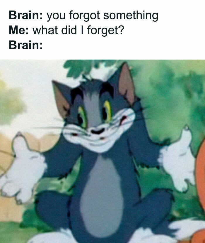 Tom the cat with a shrugging expression representing memory lapse.