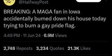 Meme of a MAGA fan accidentally burning down his house with a pride flag.