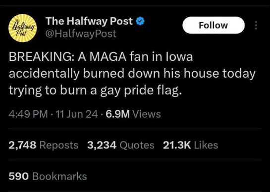 Meme of a MAGA fan accidentally burning down his house with a pride flag.