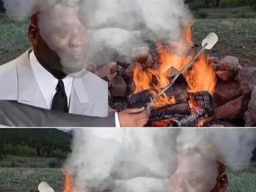 Meme depicting the struggle of getting smoke in your face at a campfire.