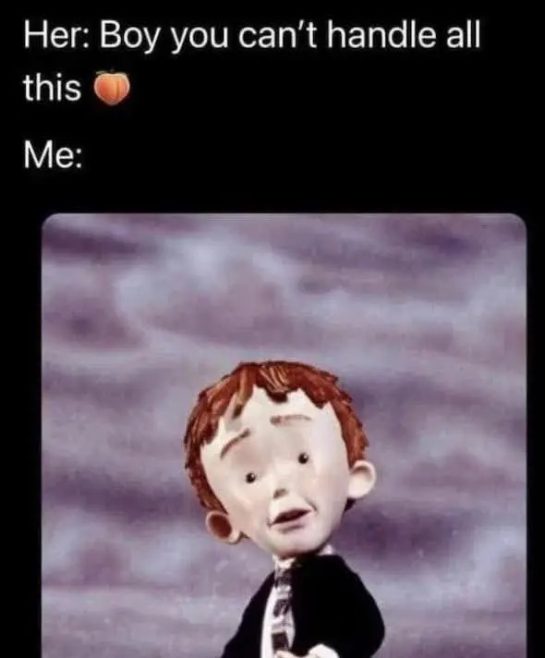 Cartoon character looking perplexed with caption about handling peach.