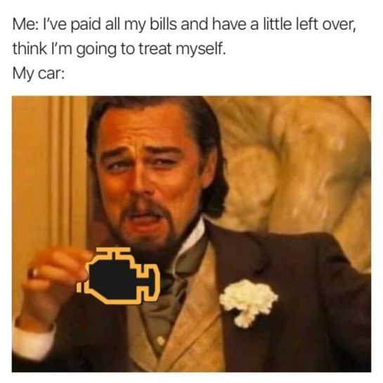 Image of a man with check engine light after planning to treat himself.