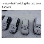 Cars with cartoon faces drawn in snow on their windshields.