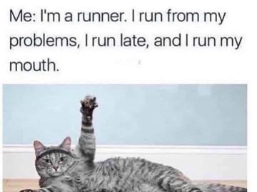 Cat raising paw with funny running joke about life problems.