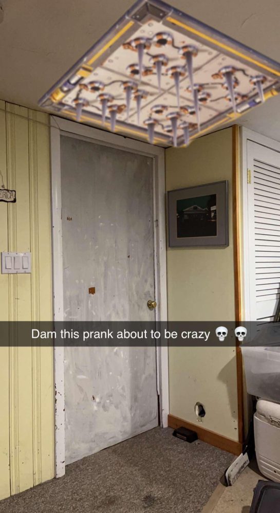 Ceiling with fake spikes prank in a room, ready for a scare.