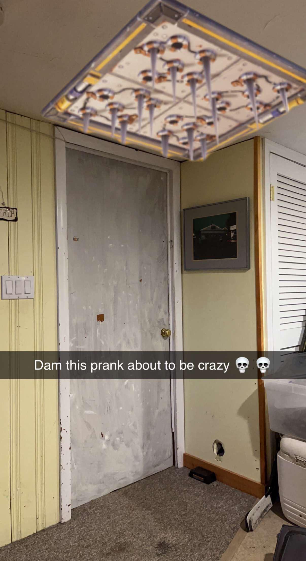 Ceiling with fake spikes prank in a room, ready for a scare.