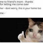 A teary-eyed cat showing gratitude after a friend's mom welcomes it.