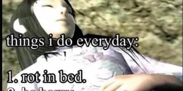 Woman lying down with text about relatable daily routines