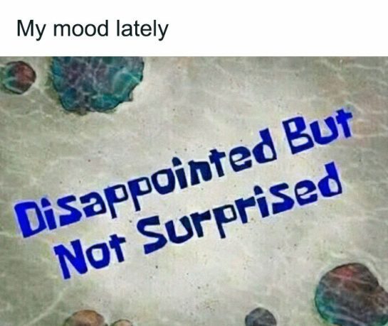 SpongeBob style text saying "Disappointed But Not Surprised."