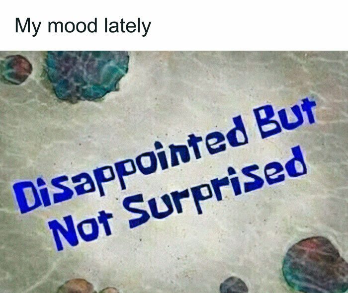 SpongeBob style text saying "Disappointed But Not Surprised."