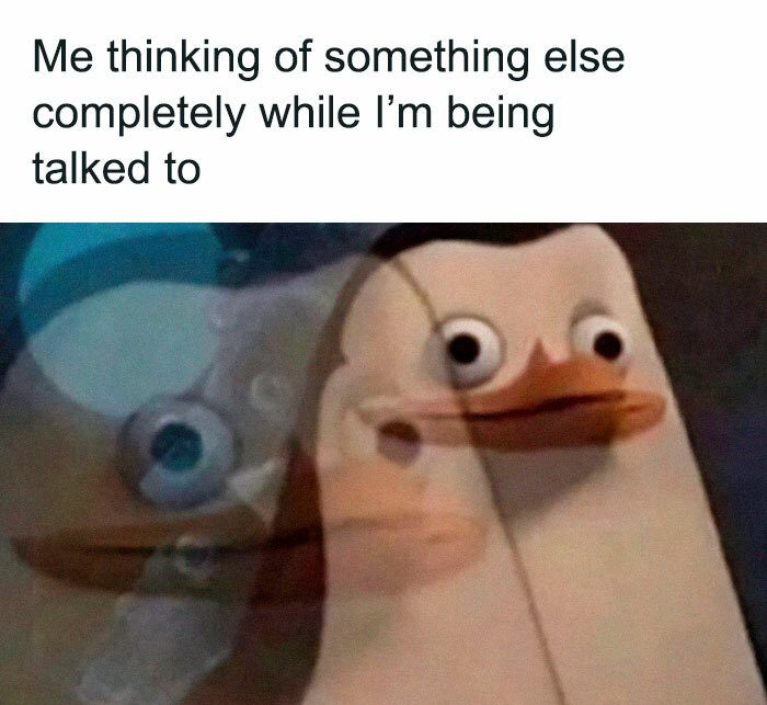 Penguin looking dazed, thinking of something else during chat