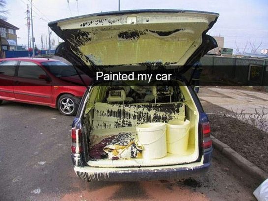 Car trunk with paint spill disaster labeled Painted my car