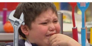 Kid holding wrench crying after car maintenance fail meme