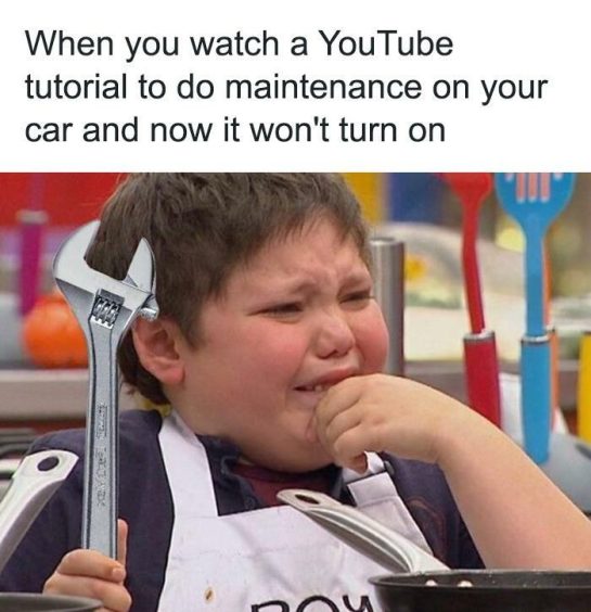 Kid holding wrench crying after car maintenance fail meme