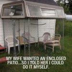 Homemade DIY patio with car roof and fence; humor fail