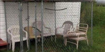 Homemade DIY patio with car roof and fence; humor fail