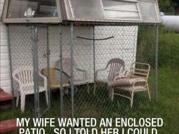 Homemade DIY patio with car roof and fence; humor fail
