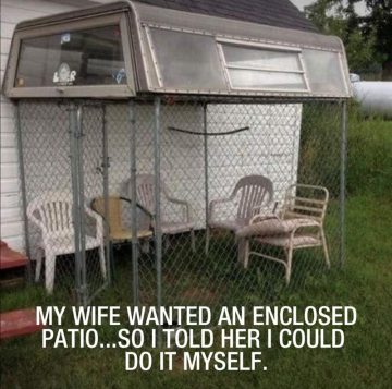 Homemade DIY patio with car roof and fence; humor fail