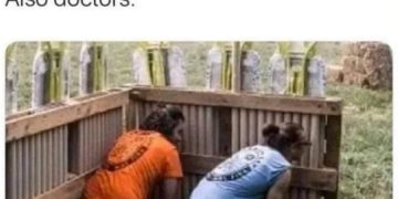 Doctors hiding behind a wooden shield during X-ray exposure meme