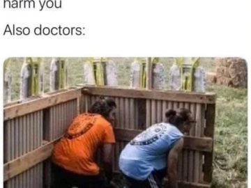 Doctors hiding behind a wooden shield during X-ray exposure meme