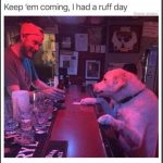 A dog at the bar with a bartender, captioned "Keep 'em coming, I had a ruff day."