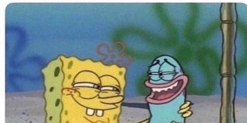 Spongebob with sly smile as dog begs for food caption