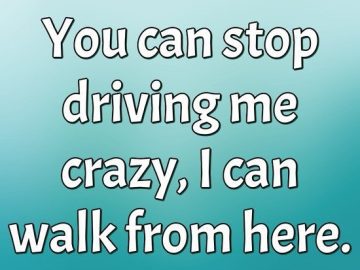 Humorous meme text saying "You can stop driving me crazy, I can walk from here."
