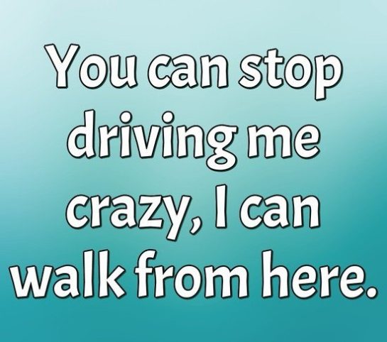 Humorous meme text saying "You can stop driving me crazy, I can walk from here."