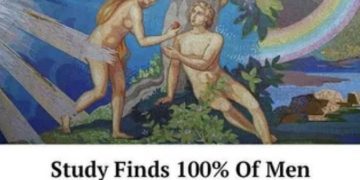 Adam and Eve meme with a humorous twist about men and fruit.
