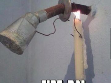 Creative DIY engineering fail using candle to fix faucet leak.