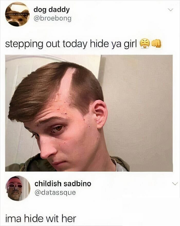 Guy with a funny haircut claiming he'll steal your girl, meme style.