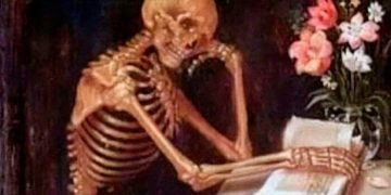 Skeleton struggling to focus on reading a book with flowers nearby.