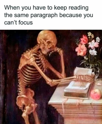 Skeleton struggling to focus on reading a book with flowers nearby.